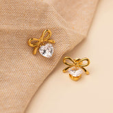 Gold bow stud earrings with cubic zirconia heart - non tarnish - waterproof