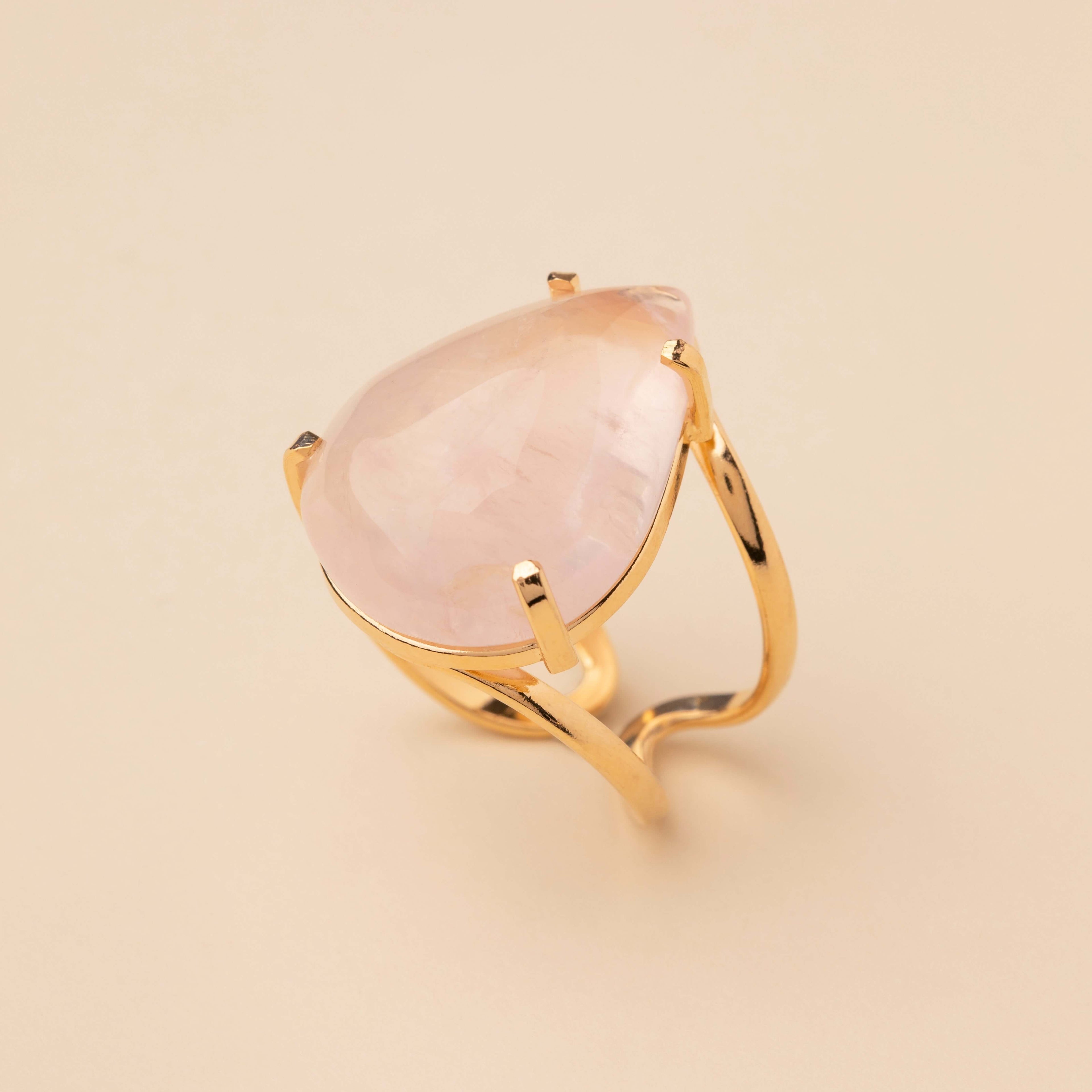 Teardrop Rose Quartz adjustable ring - gold plated