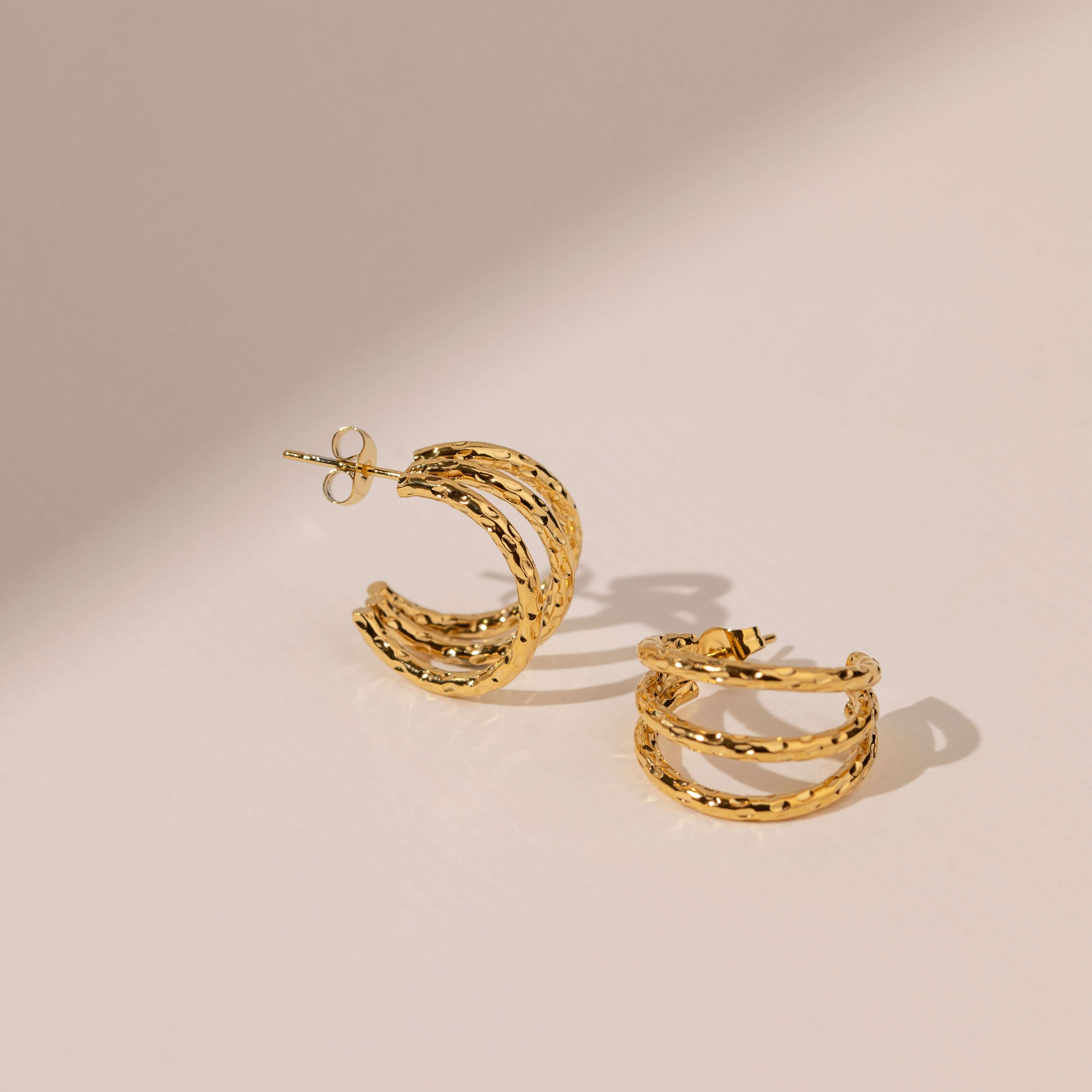 triple hammered gold hoop earrings - non tarnish - waterproof