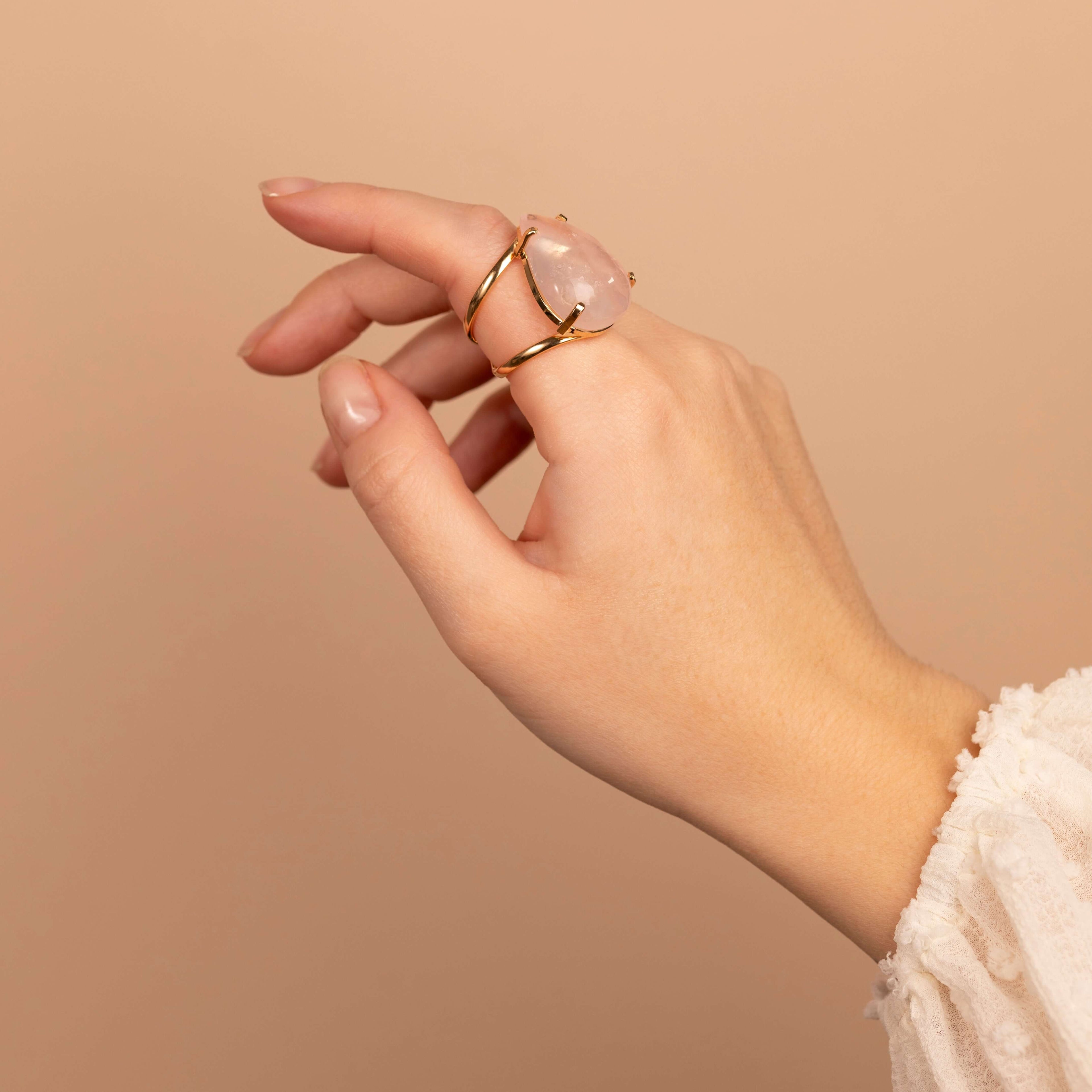 Hand shot teardrop rose quartz adjustable ring - gold plated