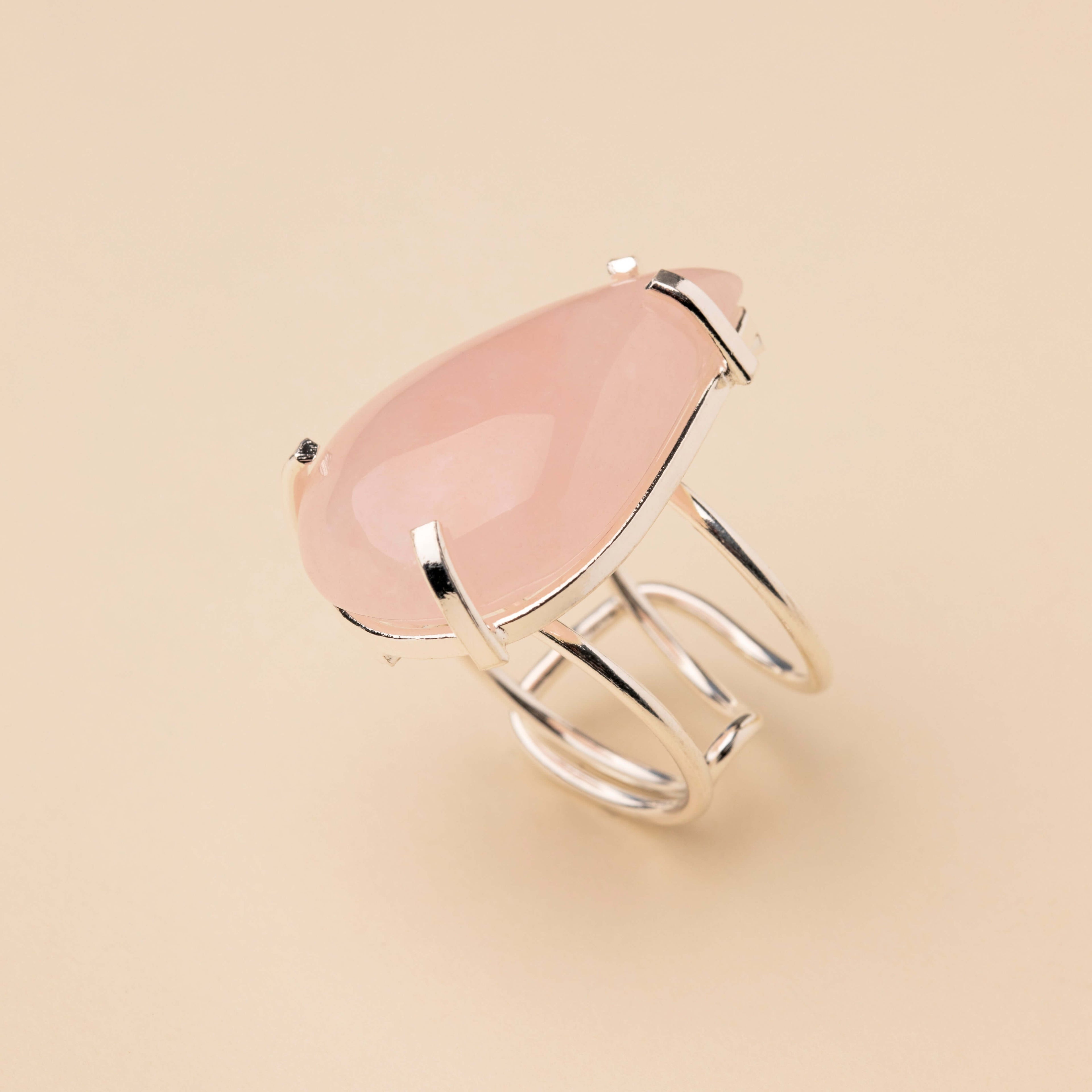 Teardrop Rose Quartz adjustable ring - silver plated