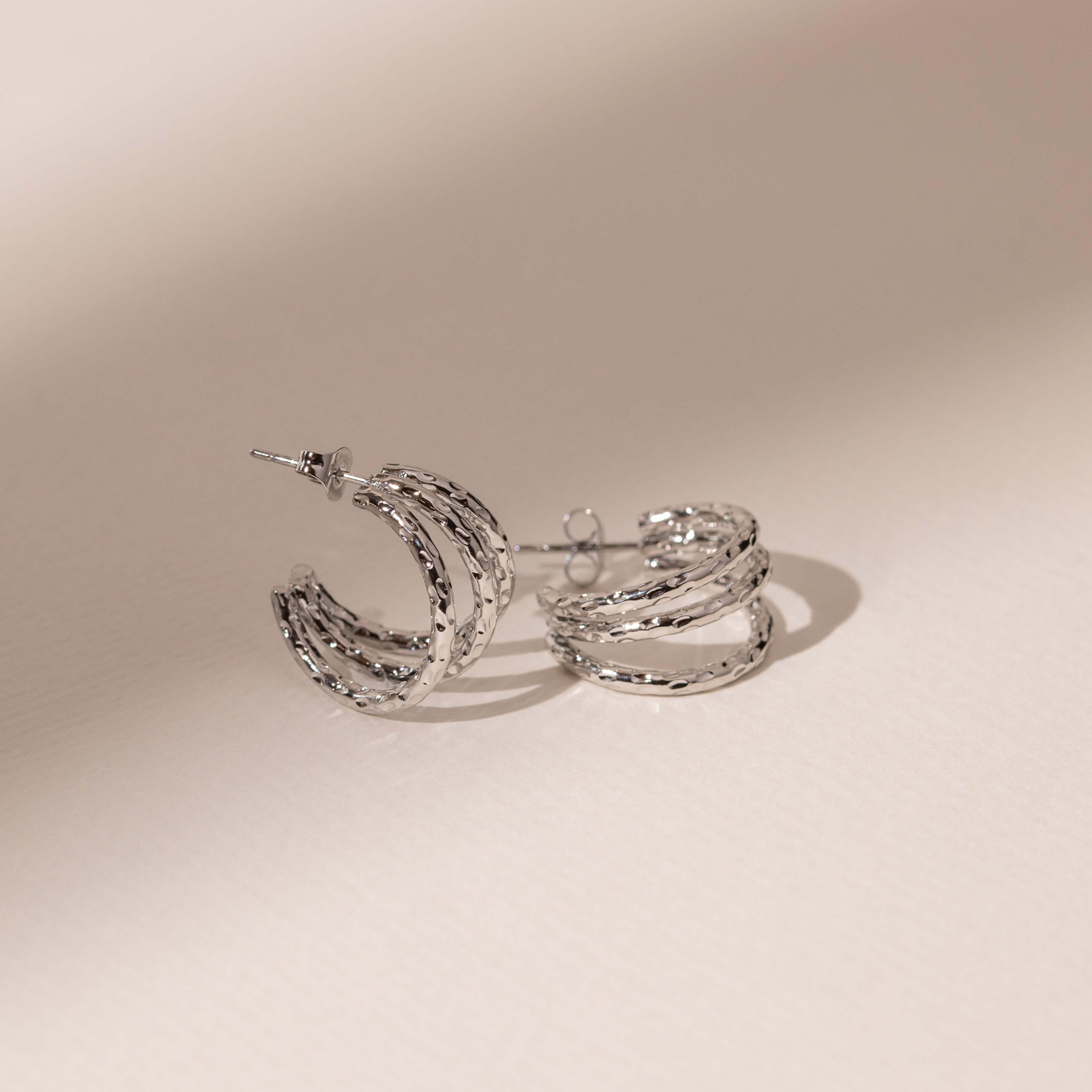 triple hammered silver hoop earrings - non tarnish - waterproof