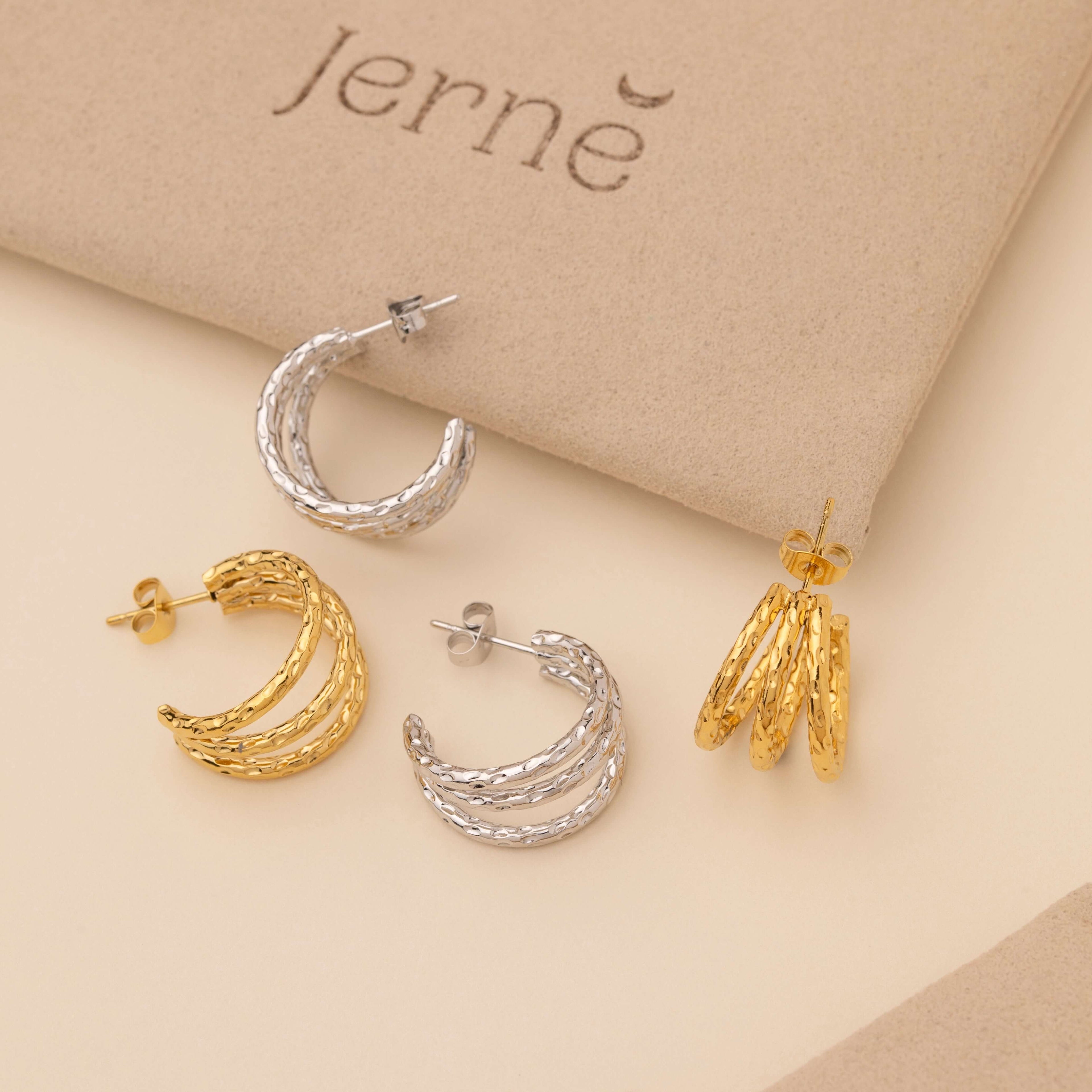 triple hammered hoop earrings - gold and silver - non tarnish - waterproof